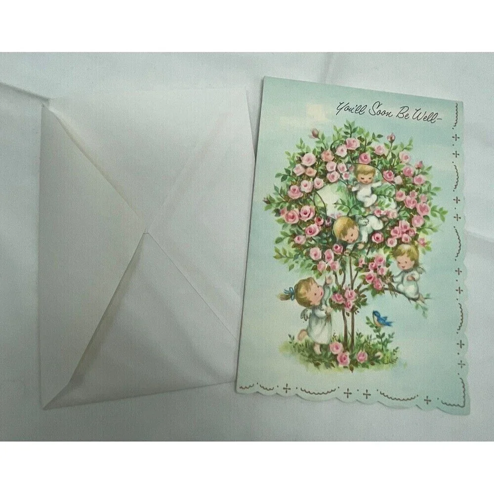 Vintage 60's Little angel in tree bluebird embossed Get Well greeting card *J11